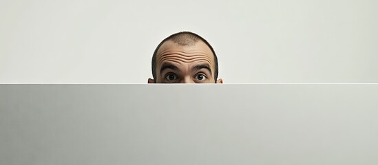 Poster - Portrait of a man looking over a white surface in a studio. with copy space image. Place for adding text or design