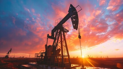 Wall Mural - oil pump jack silhouette against a vibrant sunset sky