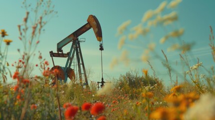 Wall Mural - oil pump jack hidden in a field of wildflowers