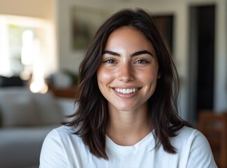 Smiling young woman relaxing at home in bright living room