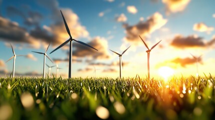 Coastal Wind Turbines at Sunset over a Green Landscape