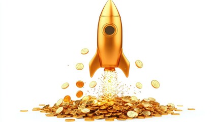 rocket illustration zooming up, with gold coins spilling out below, all set on a white background, s
