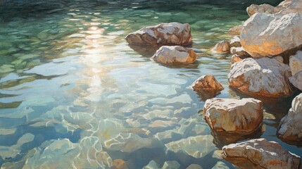 Canvas Print - Sunlight filtering through floating fragmented rocks, casting captivating shadows and reflections on the water surface.