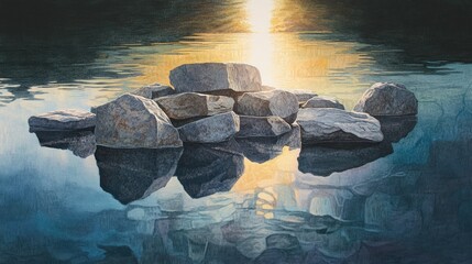 Canvas Print - Sunlight filtering through floating fragmented rocks, casting captivating shadows and reflections on the water surface.