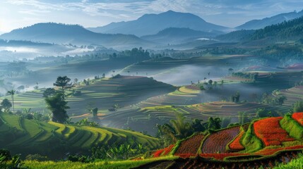Wall Mural - misty mountain landscape with green rice terraces and red flowers