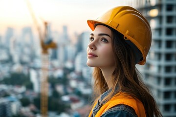 Young female engineer wearing hard hat looking up at new building project