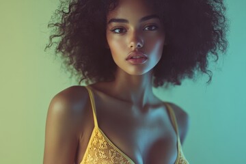 A young woman with curly hair poses wearing a yellow outfit against a soft gradient background