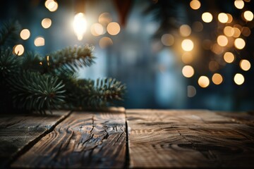 Wall Mural - rustic wooden table with pine branches and blurred warm lights in the background, creating a cozy ch
