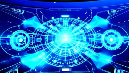 Poster - Futuristic blue stage with holographic globe, AI technology theme.