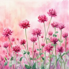 Wall Mural - Hand Drawn Watercolor Illustration of Red Clover Flowers in a Vibrant Pink Field