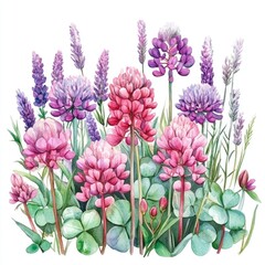 Wall Mural - Lush Herbal Garden: Pink and Purple Clover Flowers in Watercolor Illustration