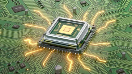 Poster - CPU computer processor on circuit board data processing and AI artificial intelligence. 3d animation