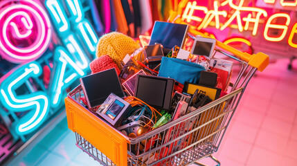 Colorful shopping cart filled with various electronic gadgets, accessories, and textiles against a vibrant neon background