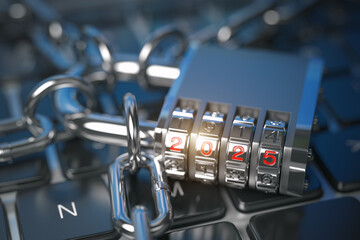 New Year 2025 code lock. on computer keyboard.. Cyber security and internet data protection  trends 2025 concept.
