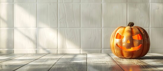 Poster - Halloween pumpkin on a wooden table against a backdrop of white boards Halloween setting Room for text. with copy space image. Place for adding text or design