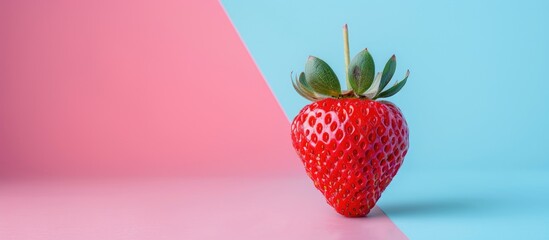 Leinwandbilder - Bright ripe juicy strawberry set against a dual pastel pink blue background. with copy space image. Place for adding text or design