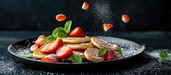 Aufkleber - Plate with Dutch mini pancakes known as poffertjes featuring flying ingredients pancakes strawberries and mint dusted with powdered sugar Healthy food concept with copyspace