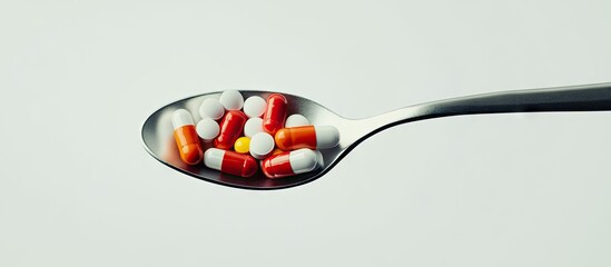 Aufkleber - Medicine pills on a spoon against a white background conceptualizing health. with copy space image. Place for adding text or design