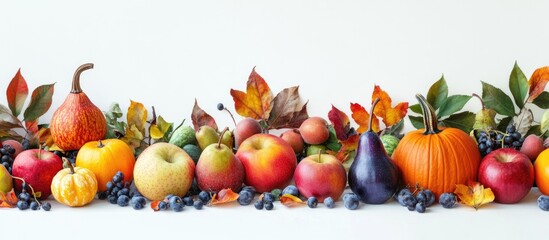 Fototapete - Autumn arrangement of vegetables and fruits including Pumpkin Apples and Pears against a white background Seasonal backdrop for autumn. with copy space image. Place for adding text or design