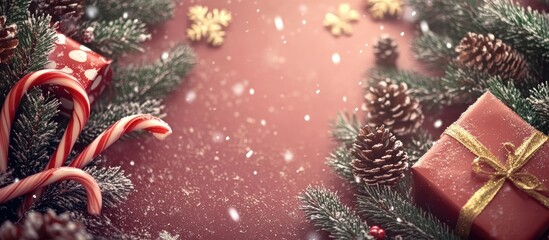 Aufkleber - Christmas background featuring Christmas tree branches pine cones candy canes gifts snowflakes and decorations with copyspace Toned