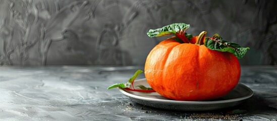 Fototapete - Pumpkin with chard presented on a porcelain plate with copy space