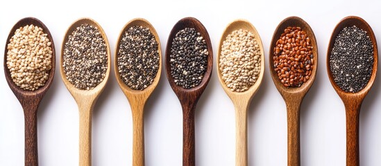 Poster - A collection of natural cereal ingredients including chia quinoa flaxseed millet and sesame displayed in a wooden spoon against a white background with copyspace suitable for healthy food or agricu