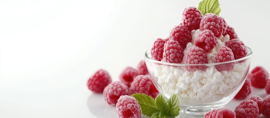 Fototapete - A light and tasty dessert featuring fresh raspberries and cottage cheese in a glass cup against a white background. with copy space image. Place for adding text or design