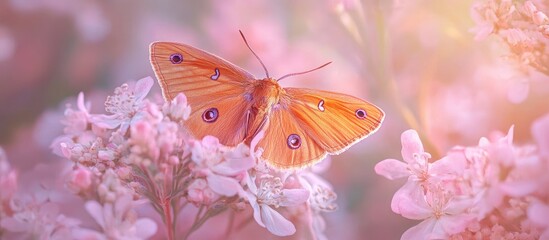 Poster - Panoramic image of a brown moth resting on soft pink flowers Pastel hues Copyspace for text