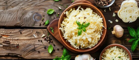 Leinwandbilder - Top view of fermented shredded cabbage in a bowl surrounded by cooking ingredients on a rustic wooden background in a horizontal layout with copyspace