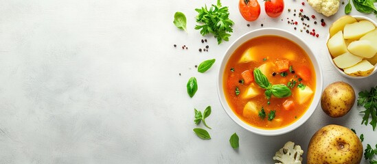 Poster - soup vegetable first course meal broth potato cauliflower pasta no meat vegetarian or vegan serving on the table snack top view copyspace food background