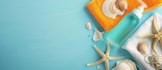 Poster - Top view of beach flat lay items including a sunscreen bottle seashells a starfish a towel and a flip flop on a colored background with copyspace