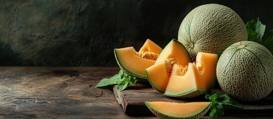 Poster - Fresh whole and sliced Japanese melons honey melon and cantaloupe Cucumis melo on a wooden table background Fruit summer healthcare concept Dark food background still life with squash