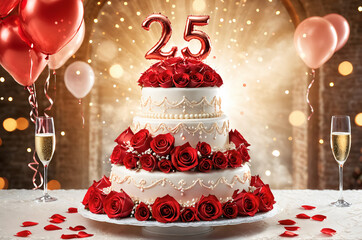 25th wedding anniversary celebration. Wedding cake, champagne and bouquet of rose flower. Romantic background.
