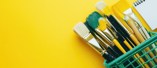 Poster - A flat metal shopping basket featuring artistic colors of yellow green and white along with brushes and a white notepad Close up set against a yellow background providing space for copyspace