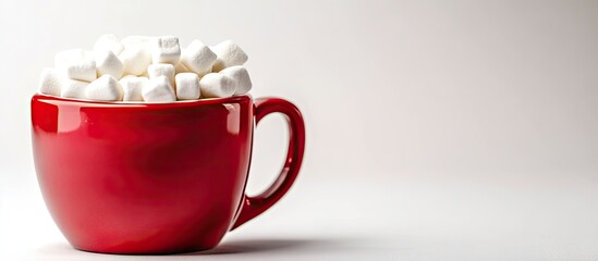 Fototapete - New year theme Close up of a red cup filled with marshmallows against a white background. with copy space image. Place for adding text or design