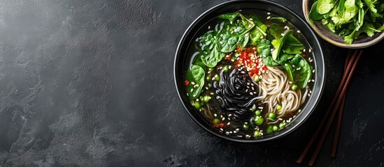 Fototapete - Asian rice noodle soup featuring black rice noodles spinach sprouts and coriander. with copy space image. Place for adding text or design