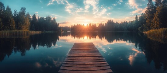 Fototapete - Forest lake at sunset Wooden dock Gentle sunlight illuminated clouds symmetrical reflections in crystal clear water Picturesque scenery Wide angle view Nature ecology ecotourism swimming fishing