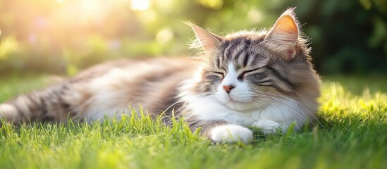 Poster - Close up portrait of a happy well fed multicolored cat resting on the green grass in a garden The fluffy cat is relaxing in the shade outdoors on a sunny summer day Pets during the summer warmth Se