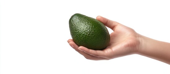 Poster - Avocado held in hand against a white background. with copy space image. Place for adding text or design