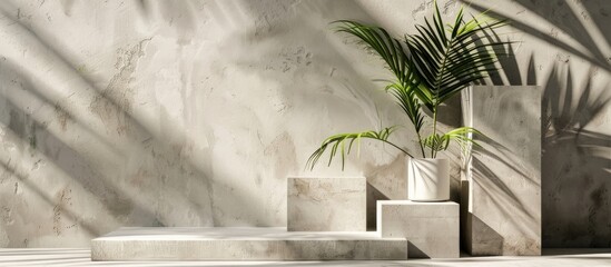 Poster - Abstract modern still life Natural elements Arrangement of palm leaves travertine and concrete blocks. with copy space image. Place for adding text or design