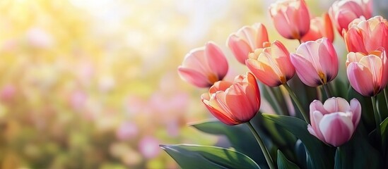 Fototapete - Beautiful bouquet of flowers background Tulips in a summer garden backdrop with copyspace Mockup for a greeting card