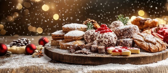 Aufkleber - Image of traditional Christmas treats on a wooden board with snow and white space for text. with copy space image. Place for adding text or design