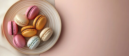 Poster - delightful fresh tasty macaroons on a plate. with copy space image. Place for adding text or design