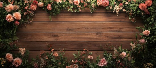Poster - Wooden wall adorned with flowers An empty sign is present for text The wall is set against a sunset backdrop Space for text Vintage decor. with copy space image. Place for adding text or design