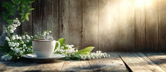 Fototapete - Coffee Espresso cups and lily of the valley against a backdrop of weathered wooden boards in sunlight Rustic style. with copy space image. Place for adding text or design