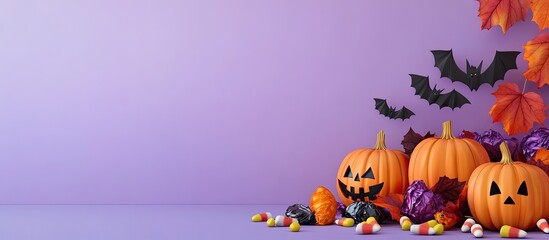 Poster - Pumpkins candy corn and paper bats on a table set against a lilac background with room for text Halloween banner. with copy space image. Place for adding text or design