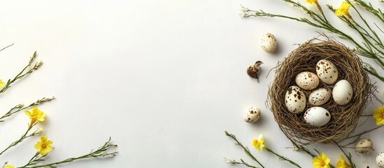 Aufkleber - Easter background featuring a border of willow branches and narcissus along with quail eggs in a nest Copy space top view