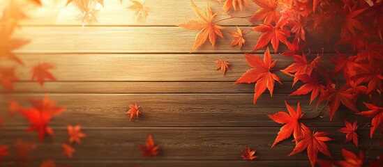 Poster - Autumn leaves of a Japanese maple tree on a wooden texture background. with copy space image. Place for adding text or design