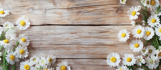 Poster - Beautiful spring chamomile blossoms Wildflowers Flat lay of spring and summer chamomile flowers on a textured wooden background The idea of gardening and plants Bouquet Area for text copy space