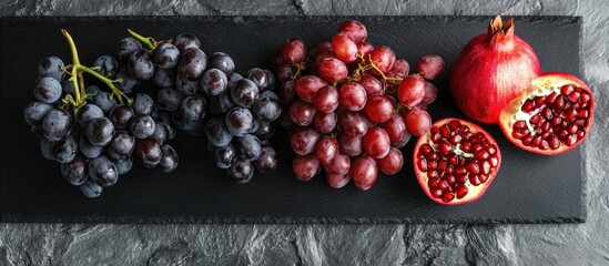 Poster - grapes and pomegranate on a black slate plate with copyspace